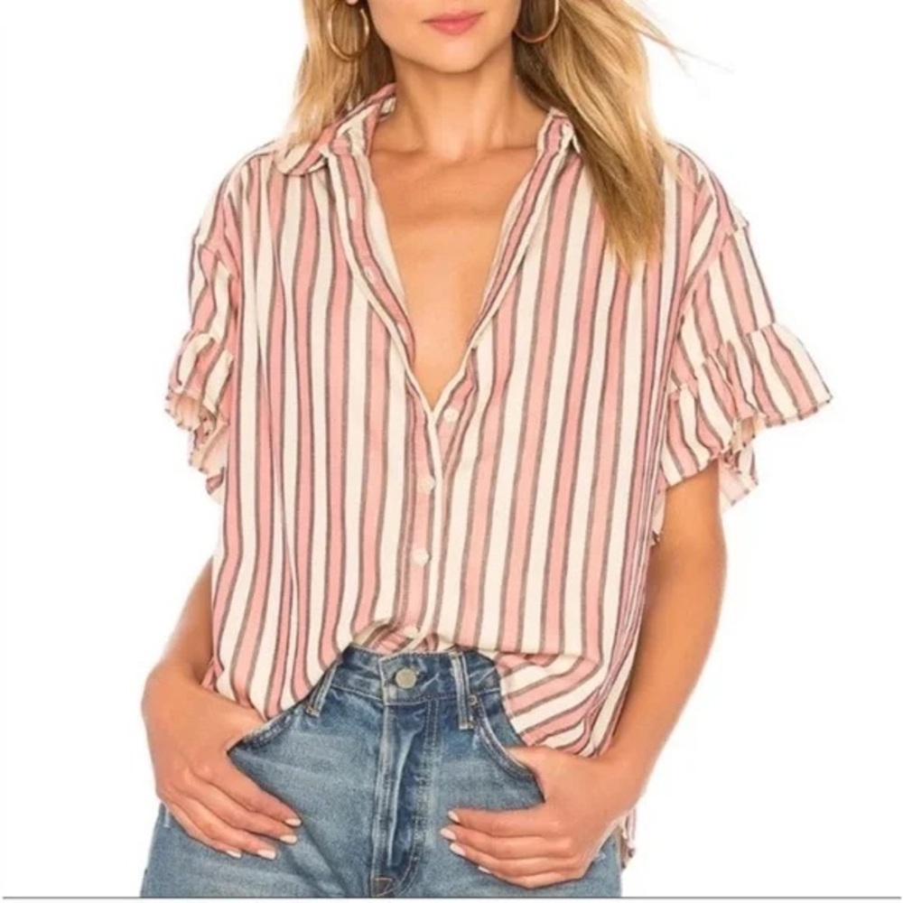 THE GREAT. Pink and White Striped Button-Down Shirt